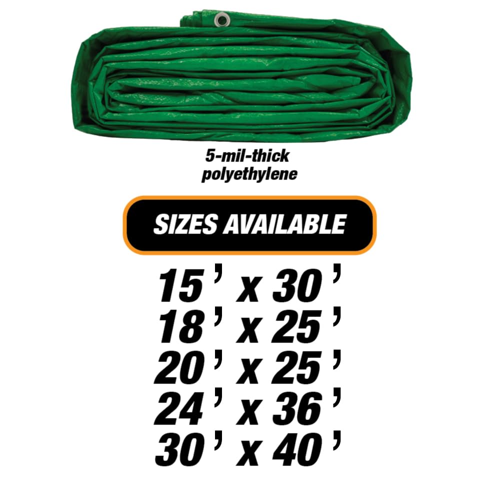 Heavy Duty Green Tarp - 15ft x 30ft - 5 MIL Multipurpose UV Resistant, Waterproof Protective Tarp Cover with Metal Grommets and Reinforced Edges - for Roof, Camping, Patio, Boat, Car 39108