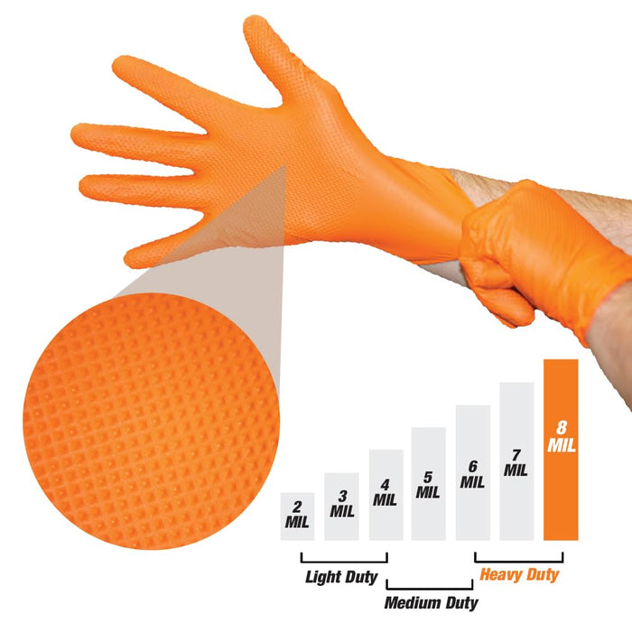 LAUCO Heavy Duty 8-Mil Industrial Orange Nitrile Gloves with Raised Diamond Texture, Large, Latex Free, Powder Free, Pack of 1000 (10 Boxes) 87285