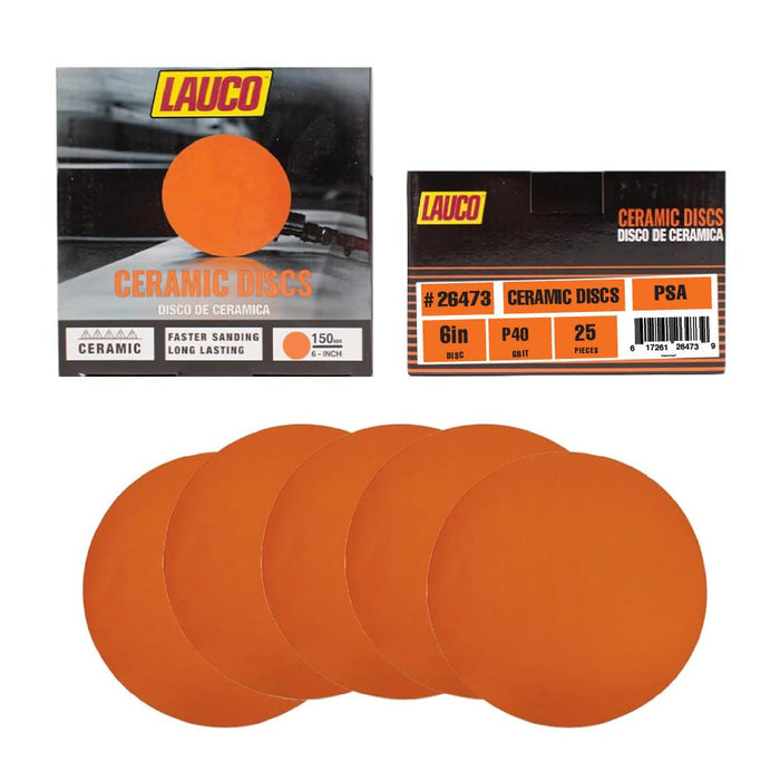 6” Premium Ceramic Orange PSA Discs - 40 Grit (Box of 25) - No Hole, self Adhesive Random Orbital Sander Discs for Sanding Polishing on Fiberglass, Metal, Wood (GRIT 40)