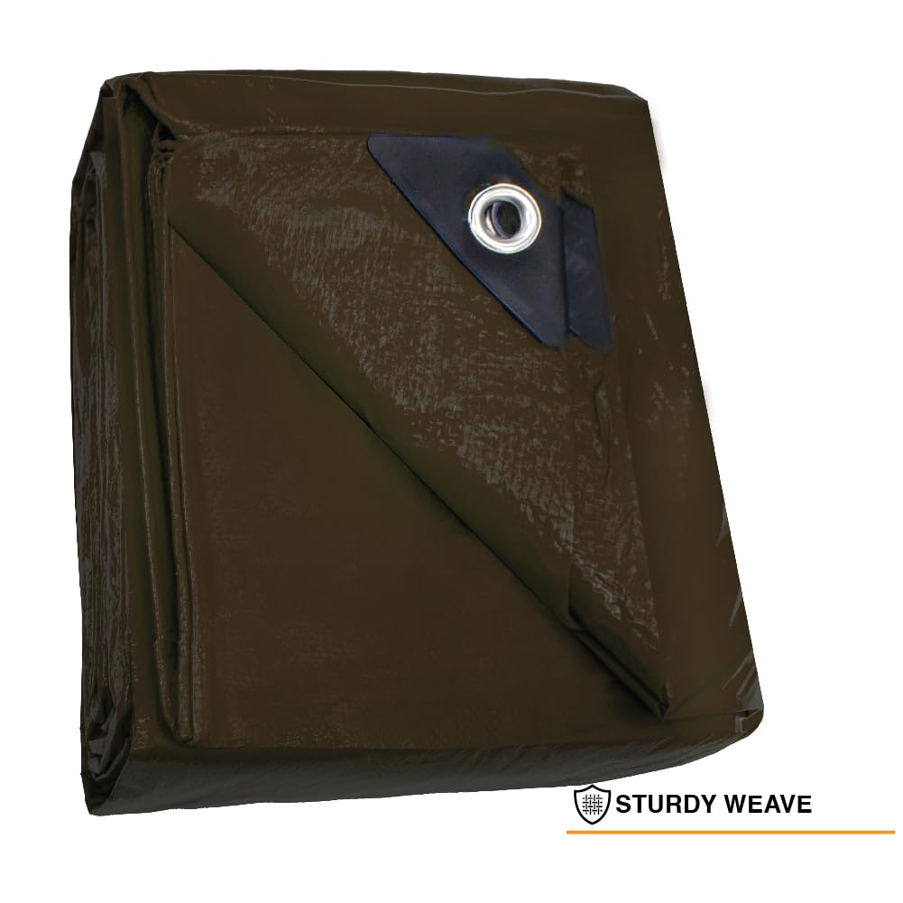 Heavy Duty Brown Tarp - 12ft x 20ft - 5 MIL Multipurpose UV Resistant, Waterproof Protective Tarp Cover with Metal Grommets and Reinforced Edges - for Roof, Camping, Patio, Boat, Car 38809