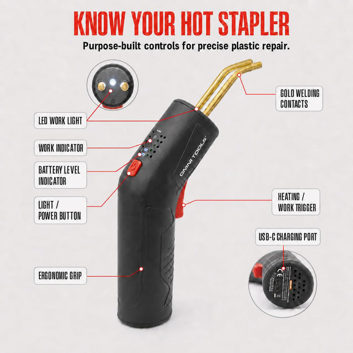 Cordless Hot Stapler Repair Kit, 4.0Ah Rechargeable Plastic Welder, USB-C Fast Charging, 800°C Hot Staple Gun for Automotive Bumper, Dashboard & Plastic Crack Repair