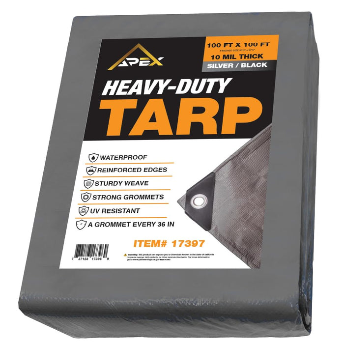 Heavy Silver/Black Tarp - 100ft x 100ft - 10 MIL Multipurpose UV Resistant, Waterproof Protective Tarp Cover with Metal Grommets and Reinforced Edges - for Roof, Camping, Patio, Pool, Boat, Car 17397