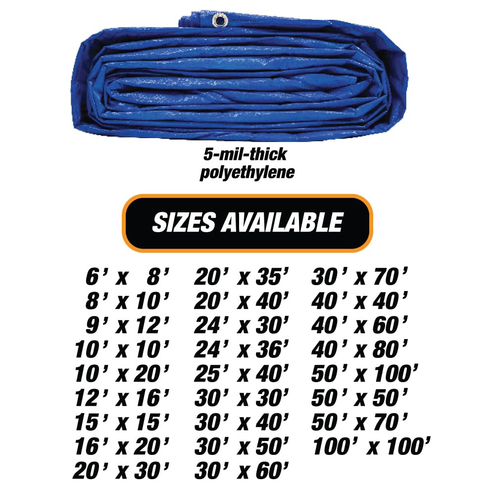 Heavy Duty Blue Tarp - 6ft x 8ft 5 MIL Multipurpose UV Resistant, Waterproof Protective Tarp Cover with Metal Grommets and Reinforced Edges - for Roof, Camping, Patio, Boat, Car 69522