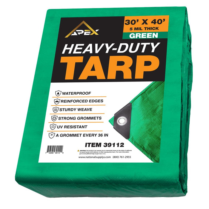 Heavy Duty Green Tarp - 30ft x 40ft - 5 MIL Multipurpose UV Resistant, Waterproof Protective Tarp Cover with Metal Grommets and Reinforced Edges - for Roof, Camping, Patio, Boat, Car 39112