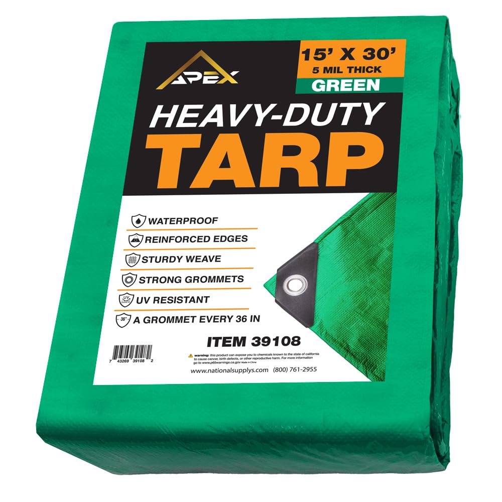Heavy Duty Green Tarp - 15ft x 30ft - 5 MIL Multipurpose UV Resistant, Waterproof Protective Tarp Cover with Metal Grommets and Reinforced Edges - for Roof, Camping, Patio, Boat, Car 39108