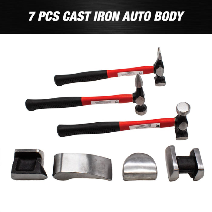 LAUCO Auto Body Repair Tool Hammer Dolly Set 7 Pieces, Car Body Repair Tool Kit with Carrying Case, Carbon Steel Dolly and Hammer Dent Body Fender Tool Set
