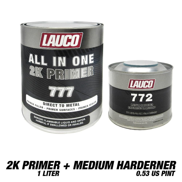 LAUCO All-In-One Direct-to-Metal (DTM) 2K Urethane Primer Surfacer Kit (Gray, 1 Liter) with Medium Hardener/Activator (8 oz Can) – High Build Filler/Sealer (4:1 Mix) 772