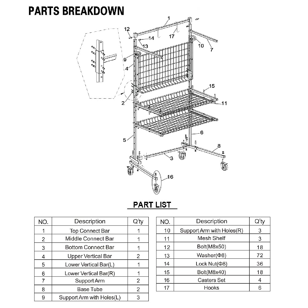 LAUCO Heavy Duty Parts Management Cart – 3-Shelf Rolling Tool Storage Rack with Locking Wheels, Industrial Metal Wire Shelving Unit for Garage, Workshop, Auto Shop, 31" x 41.5" x 74.5" - [7755 A & B]