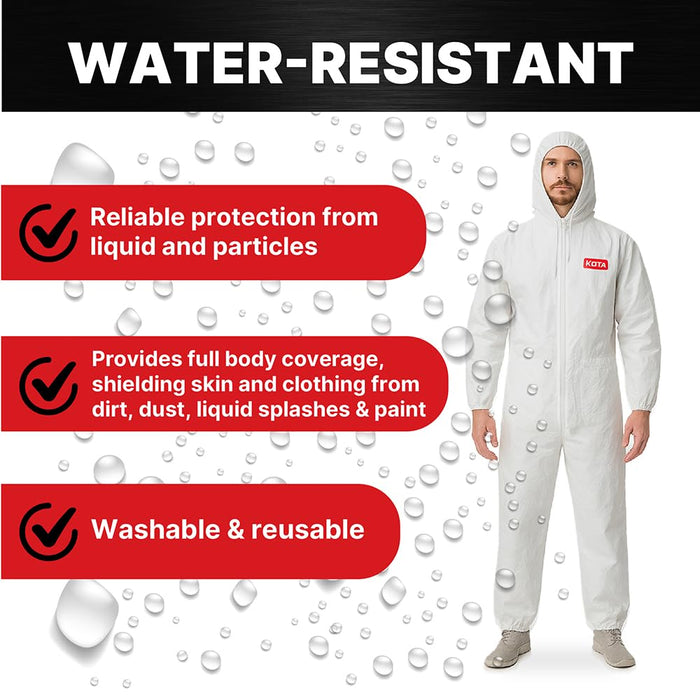 LAUCO White Polyester Reusable Paint Coverall Spray Suit with Hood, Elastic Waist and Wrist, Water Resistant, Lint Free, and Washable - Medium, Pack of 1