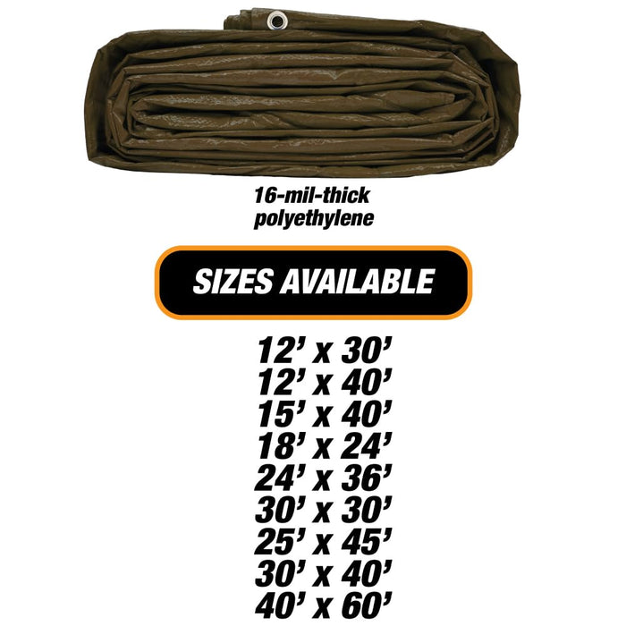 Heavy Brown Tarp - 16 MIL Multipurpose UV Resistant, Waterproof Protective Tarp Cover with Metal Grommets and Reinforced Edges - for Roof, Camping, Patio, Pool, Boat, Car (12ft x 30ft) 38896