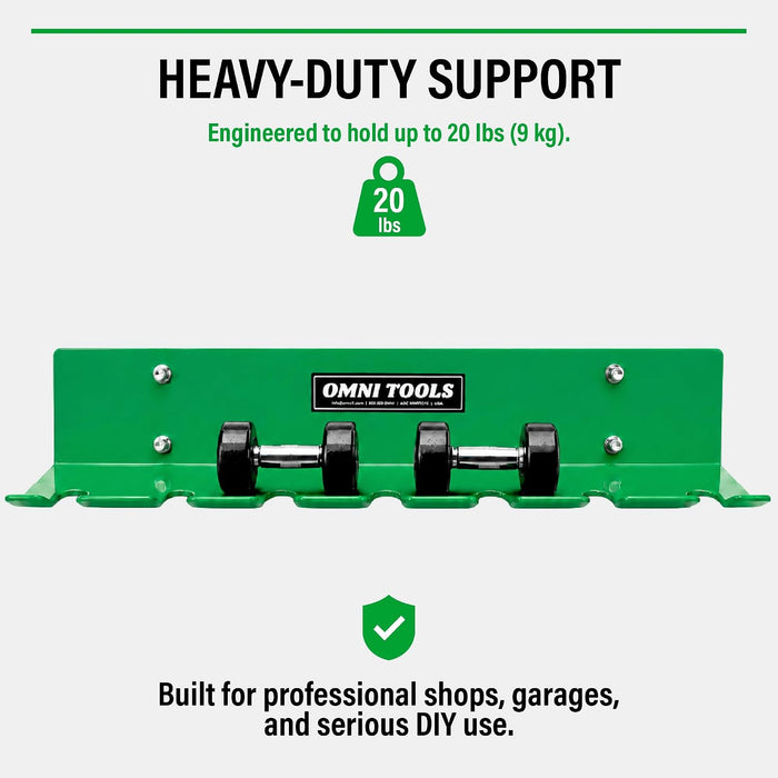 LAUCO Omni Tool Wall Mounted Paint Spray Gun Holder Holds 7 Guns without Cups or 4 with Cups, Heavy Duty Screw Mount Rack, Stable Scratch-Free Design, Green, 1 Pack 37509