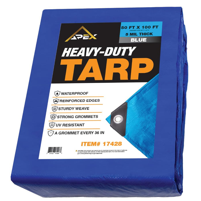 Heavy Duty Blue Tarp - 50ft x 100ft - 5 MIL Multipurpose UV Resistant, Waterproof Protective Tarp Cover with Metal Grommets and Reinforced Edges - for Roof, Camping, Patio, Boat, Car 17428