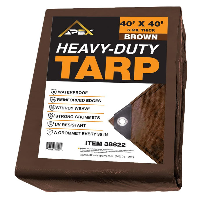 Heavy Duty Brown Tarp - 40ft x 40ft - 5 MIL Multipurpose UV Resistant, Waterproof Protective Tarp Cover with Metal Grommets and Reinforced Edges - for Roof, Camping, Patio, Boat, Car 38822