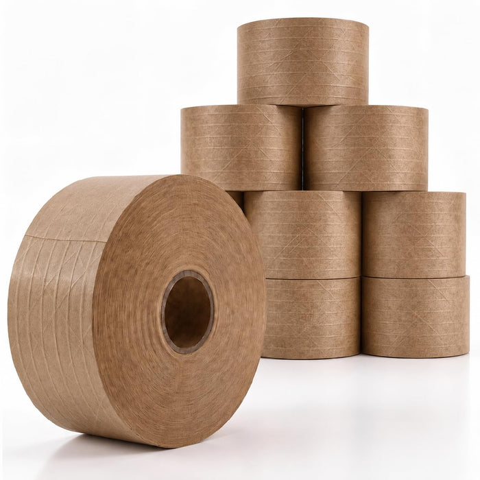 LAUCO Gummed Paper Tape 3" x 450' – Water Activated Kraft Packing Tape with Fiberglass Reinforcement – Heavy Duty, Tamper Evident Shipping Tape – Biodegradable – 10 Rolls
