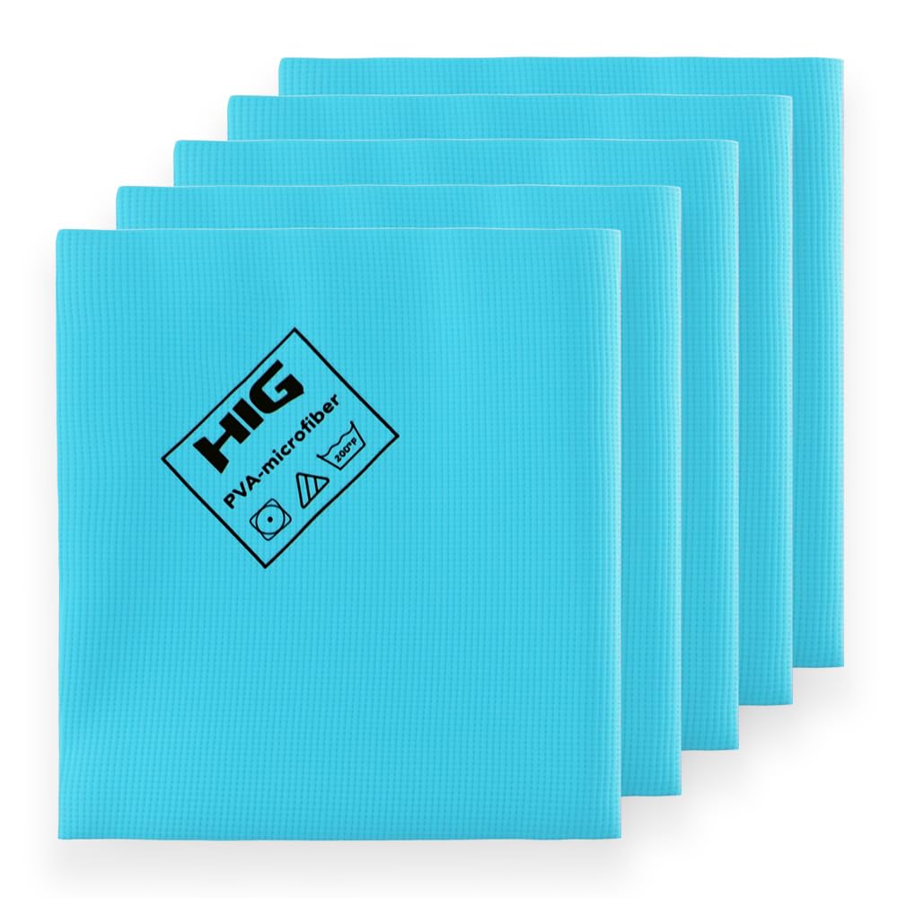 HIG PVA Microfiber Cleaning Towels, Professional Grade Synthetic Chamois Cloths for Streak Free Shine, Ultra Absorbent, Smooth & Reusable All-Purpose Cleaning Rags for Home, Car & Kitchen (5, Blue)