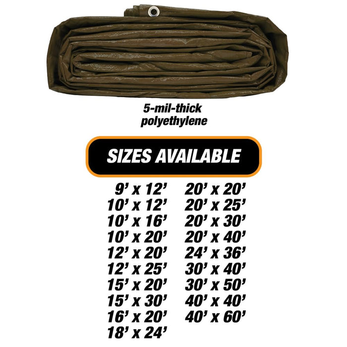 Heavy Duty Brown Tarp - 20ft x 20ft - 5 MIL Multipurpose UV Resistant, Waterproof Protective Tarp Cover with Metal Grommets and Reinforced Edges - for Roof, Camping, Patio, Boat, Car 38815