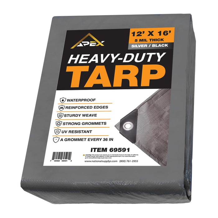 Heavy Duty Tarp 5 MIL Multipurpose UV Resistant, Waterproof Protective Tarp Cover with Metal Grommets and Reinforced Edges - for Roof, Camping, Patio, Boat, Car (Silver/Black, 12ft x 16ft) 69591
