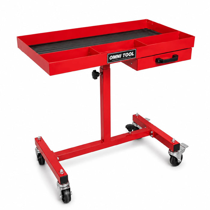 Rolling Work Table with Drawer, Adjustable Height & Width Mobile Tool Tray, 220 lb Capacity Steel Mechanic Cart with 4 Swivel Casters for Garage, Shop & Automotive Repair, Red [39102]
