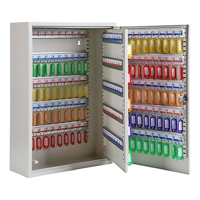 LAUCO 200-Key Wall Mount ﻿Cabinet Box ﻿with Security Key Storage Box Steel, Key Organizer with 200 Colorful Key Tags, ﻿Safe Storage Key Holder Locker Box, Light Grey, 14.96" x 6.15" x 21.65"
