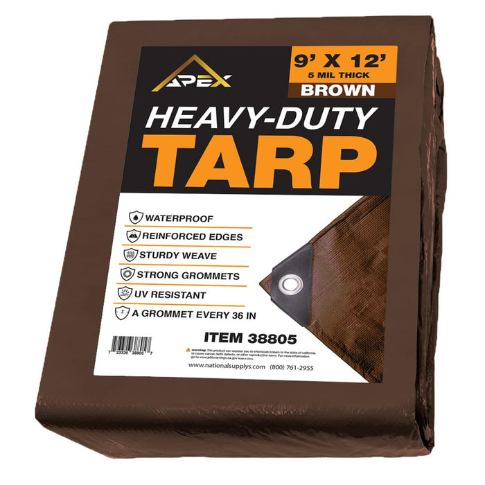 Heavy Duty Brown Tarp - 9ft x 12ft - 5 MIL Multipurpose UV Resistant, Waterproof Protective Tarp Cover with Metal Grommets and Reinforced Edges - for Roof, Camping, Patio, Boat, Car 38805