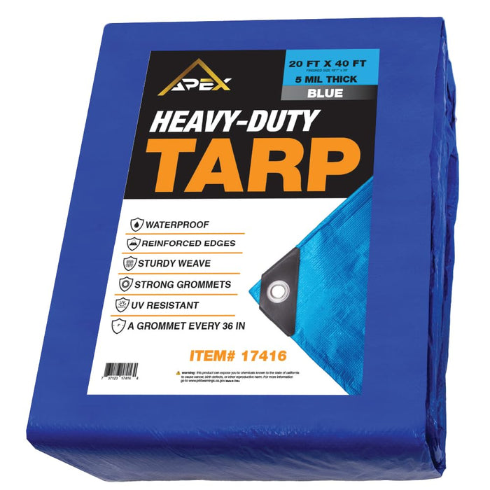 Heavy Duty Blue Tarp - 20ft x 40ft - 5 MIL Multipurpose UV Resistant, Waterproof Protective Tarp Cover with Metal Grommets and Reinforced Edges - for Roof, Camping, Patio, Boat, Car 17416