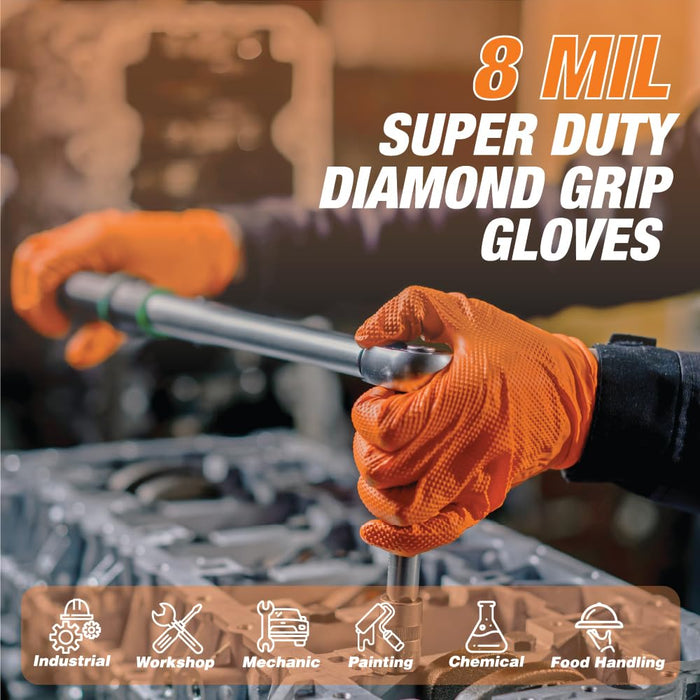 Heavy Duty 8-Mil Industrial Orange Nitrile Gloves with Raised Diamond Texture, X-Large, Latex Free, Powder Free, Pack of 1000 (10 Boxes) 87286