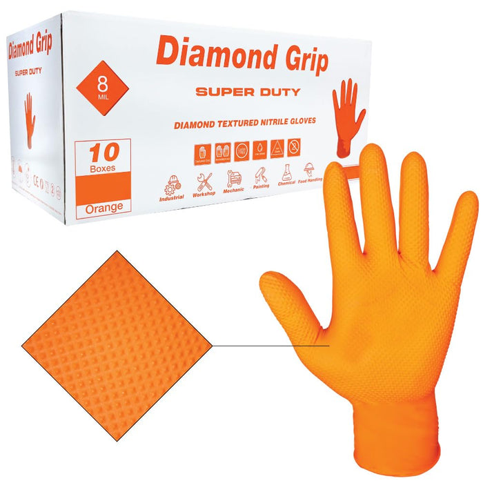 Heavy Duty 8-Mil Industrial Orange Nitrile Gloves with Raised Diamond Texture, Medium, Latex Free, Powder Free, Pack of 1000 (10 Boxes) 87284