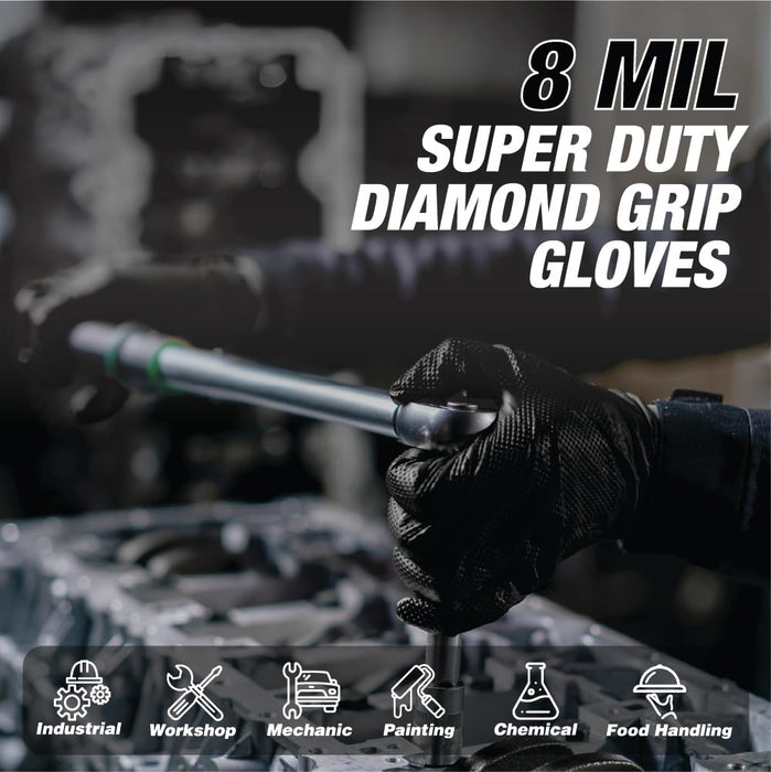 Heavy Duty Industrial Black Nitrile Gloves with Raised Diamond Texture, 8-mil, Latex Free, Powder Free (10, Large (Pack of 1000)) 87205