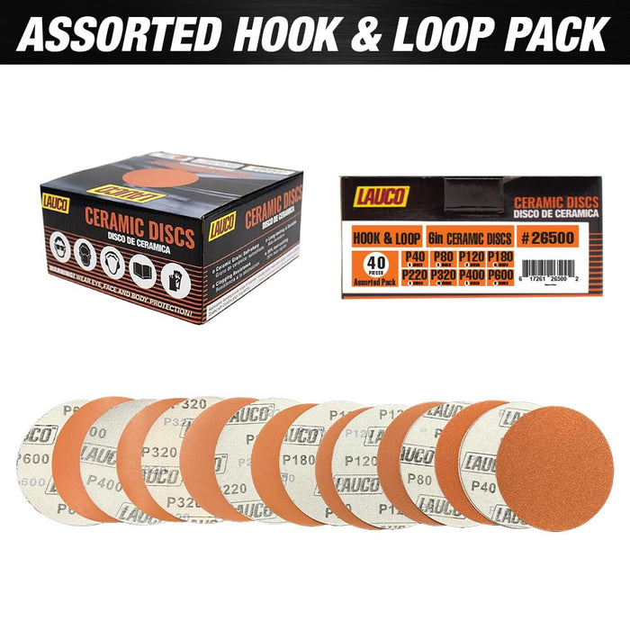 Ceramic Sanding Discs 6 Inch 40 Pack, Hook and Loop Ceramic Sandpaper Discs, P40 P80 P120 P180 P220 P320 P400 P600 Assorted Grit for Wood, Metal, Paint, Plastic and Automotive Sanding 26500