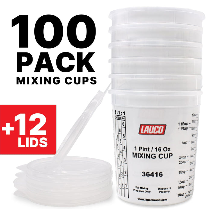 Pack of 100 Cups and 12 Lids Paint & Epoxy Mixing Cups - 16oz, Calibrated Mixing ratios on Side - Solvent Resistant, Reusable Clear Plastic Cups for Paint, Epoxy, Resin, Oil, Thinner