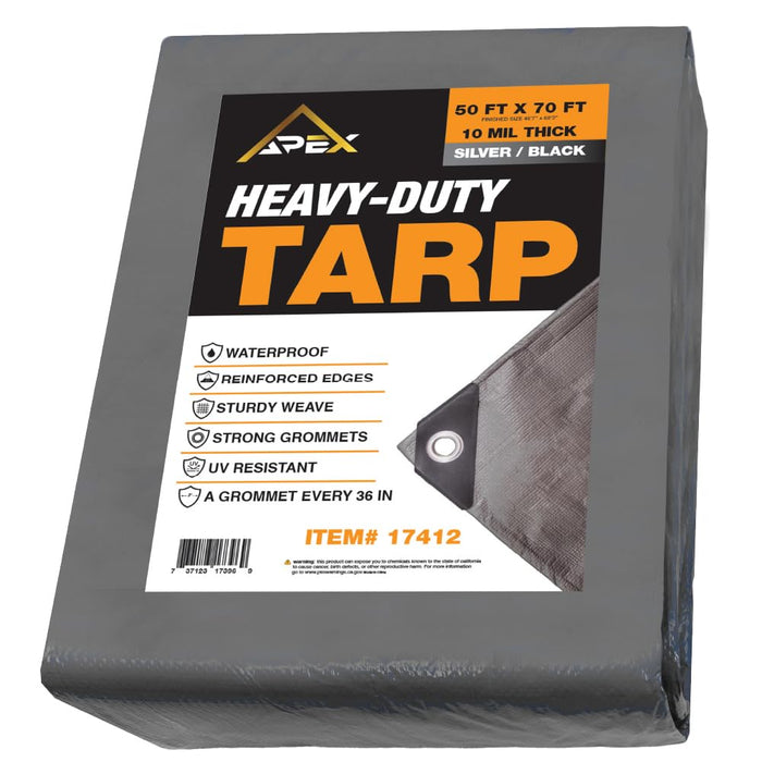 Heavy Silver/Black Tarp - 50ft x 70ft -10 MIL Multipurpose UV Resistant, Waterproof Protective Tarp Cover with Metal Grommets and Reinforced Edges - for Roof, Camping, Patio, Pool, Boat, Car 17412