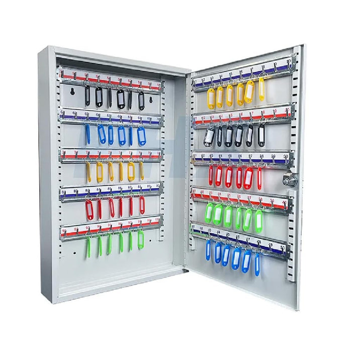 LAUCO 100-Key Wall Mount ﻿Cabinet Box ﻿with Security Key Storage Box Steel, Key Organizer with 100 Colorful Key Tags, ﻿Safe Storage Key Holder Locker Box, Light Grey, 14.96" x 3.15" x 21.65" (100 Key)