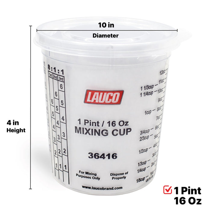 Pack of 100 Cups and 12 Lids Paint & Epoxy Mixing Cups - 16oz, Calibrated Mixing ratios on Side - Solvent Resistant, Reusable Clear Plastic Cups for Paint, Epoxy, Resin, Oil, Thinner