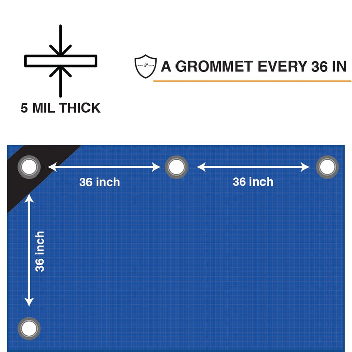 Heavy Duty Blue Tarp - 20ft x 30ft - 5 MIL Multipurpose UV Resistant, Waterproof Protective Tarp Cover with Metal Grommets and Reinforced Edges - for Roof, Camping, Patio, Boat, Car 17414