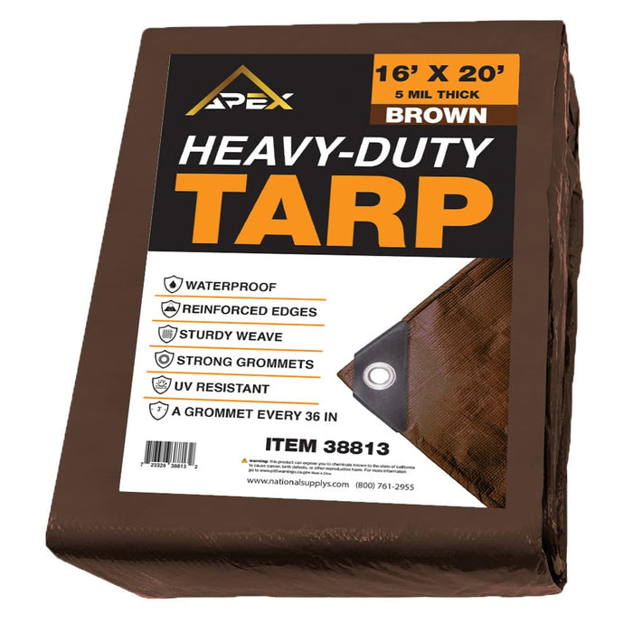 Heavy Duty Brown Tarp - 16ft x 20ft - 5 MIL Multipurpose UV Resistant, Waterproof Protective Tarp Cover with Metal Grommets and Reinforced Edges - for Roof, Camping, Patio, Boat, Car 38813