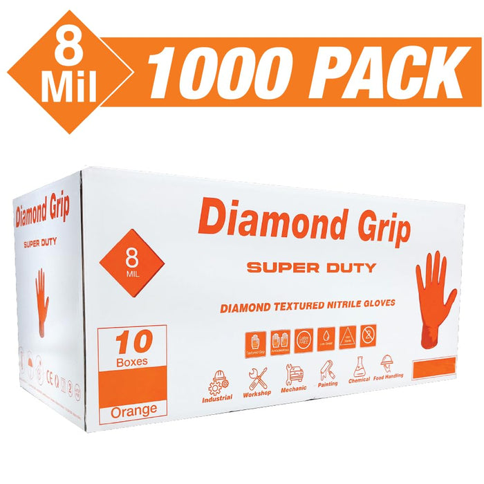 LAUCO Heavy Duty 8-Mil Industrial Orange Nitrile Gloves with Raised Diamond Texture, Large, Latex Free, Powder Free, Pack of 1000 (10 Boxes) 87285