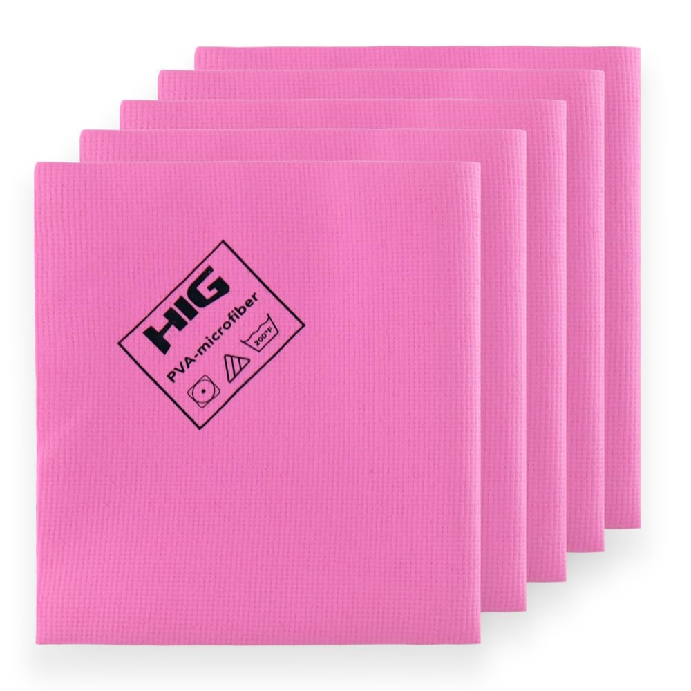 HIG PVA Microfiber Cleaning Towels, Professional Grade Synthetic Chamois Cloths for Streak Free Shine, Ultra Absorbent, Smooth & Reusable All-Purpose Cleaning Rags for Home, Car & Kitchen (5, Pink)