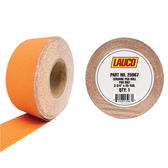 LAUCO Premium 80 Grit Ceramic Grain PSA Self-Adhesive Sanding Roll Each 2.75" x 25 Yard - Self Adhesive Sticky Back Continuous Longboard Sandpaper for Automotive and Woodworking
