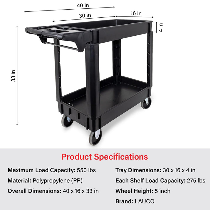 Lauco Heavy Duty Polypropylene Utility Cart - ﻿30" x 16" x 33"- Industrial Cart with Full Swivel Wheels Safely Holds up to 550 lbs - Multipurpose 2 Tier Service Cart for Warehouse, Garage, Cleaning
