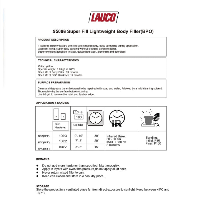 LAUCO Super Fill Premium Lightweight Body Filler - Pack of 2 - Ideal for Small-Medium Dents & Scratches, Adheres to Fiberglass, Steel, Galvanized, Zinc & Aluminum, 2 Quart + 2 Hardener