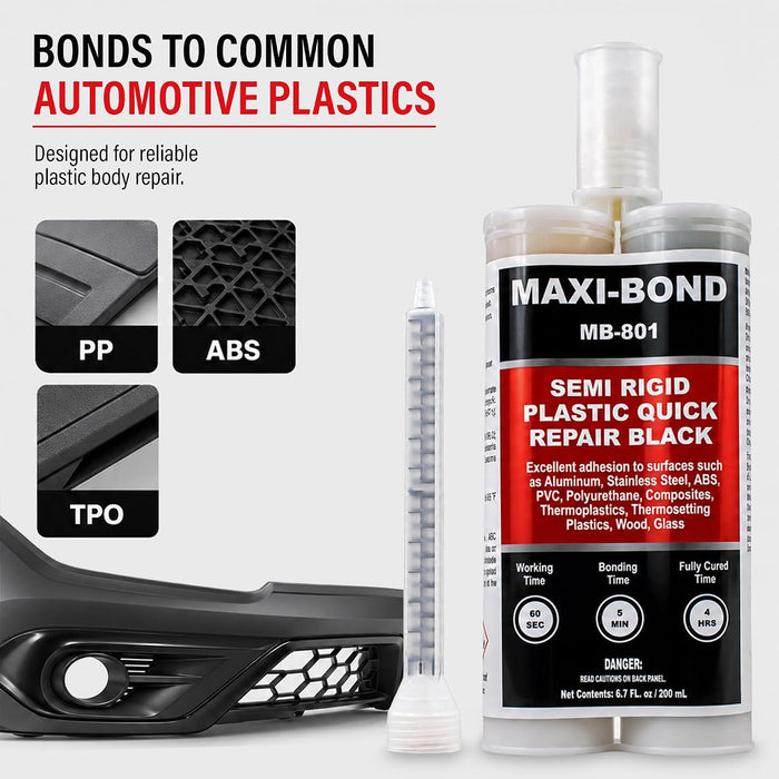 LAUCO Maxi-Bond Semi-Rigid Plastic Quick Repair Adhesive Black – 200ml (MB-801) – Fast-Setting Polyurethane for Automotive Body Plastic Repair 4585