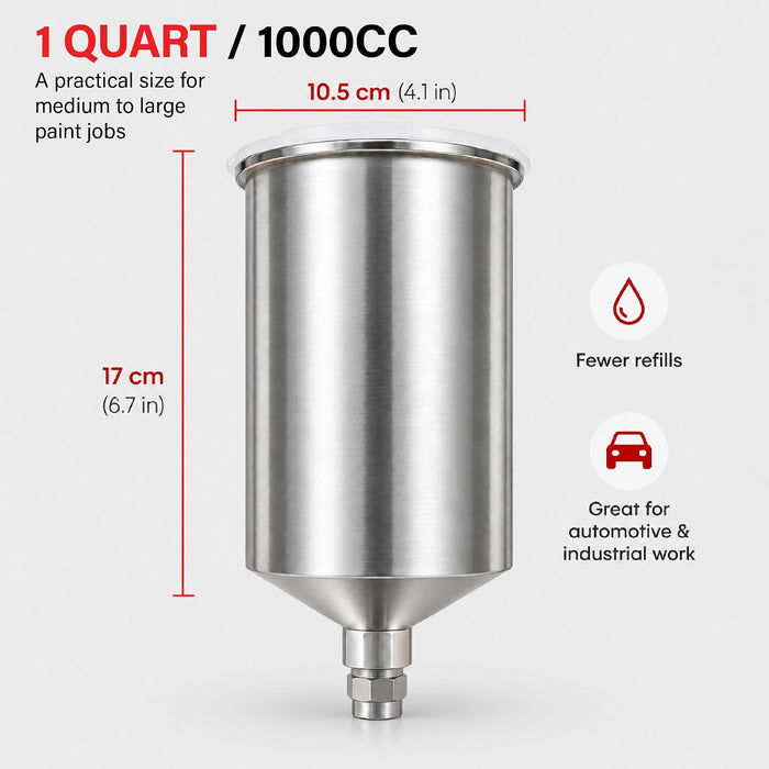 Aluminum Spray Gun Cup (1 Quart / 1000cc) | Heavy-Duty Gravity Feed Paint Pot with Snug Press-Fit Lid | Universal Fit for HVLP, LVLP, and Standard Spray Guns 9551