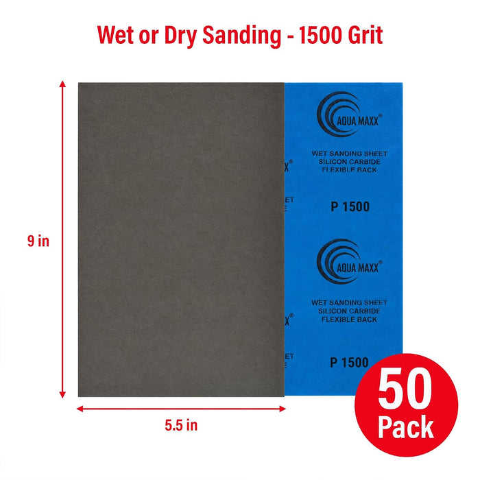 Aqua Maxx Wet Dry Sandpaper Sheets 1500 Grit, 50 Pack Waterproof Silicon Carbide Abrasive Paper, 9 x 5.5 Inch Fine Finishing Sanding Sheets for Automotive Paint Correction, Detailing, Metal 25934
