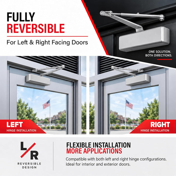 Commercial Door Closer Size 1-6, Heavy Duty Cast Iron Automatic Door Closer, Grade 1 ANSI/BHMA, UL Listed 3 Hour Fire Rating, Adjustable Speed, Reversible, 24-60 Inch Doors, 62801