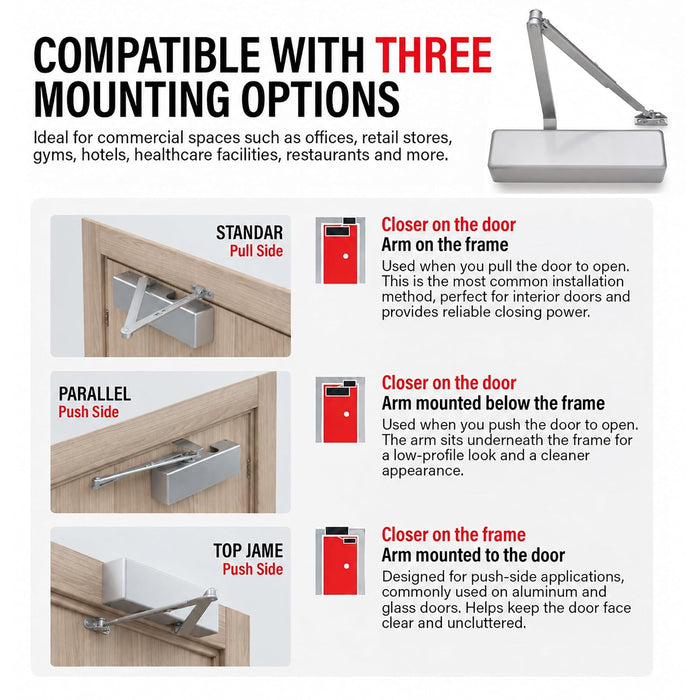 Commercial Door Closer Size 1-6, Heavy Duty Cast Iron Automatic Door Closer, Grade 1 ANSI/BHMA, UL Listed 3 Hour Fire Rating, Adjustable Speed, Reversible, 24-60 Inch Doors, 62801