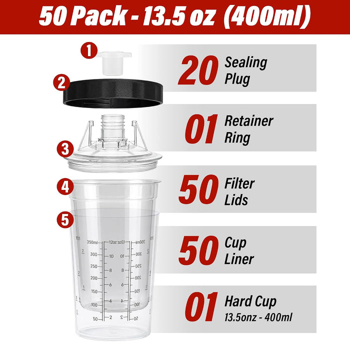 LAUCO Disposable Spray Gun Paint Cups Kit – 50 Pack Liners & Lids with 125 Micron Strainer, Hard Cup, Retainer Ring & Plugs (400ml/13.5oz Kit)