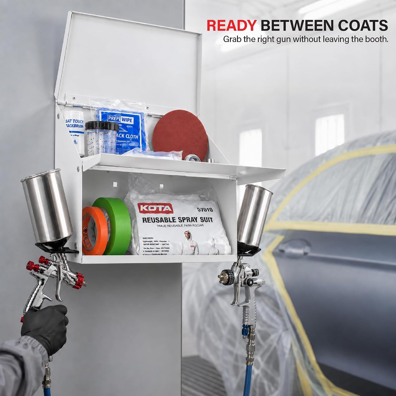 Magnetic Spray Booth Box White- Double Compartment Cabinet with Double Spray Paint Gun Holder, Spray Gun Holder, Spray Paint Storage Box Cabinet for the Interior of Spray Booth, Spray Gun Box 1681