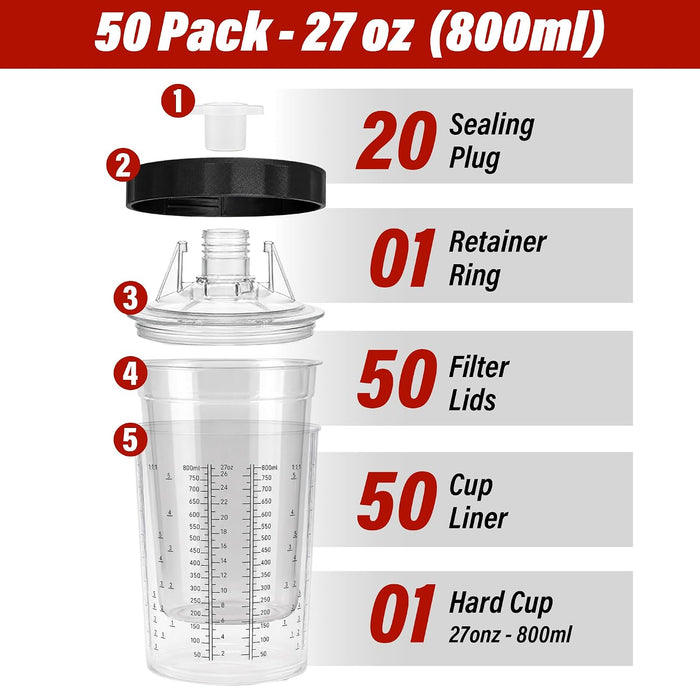 LAUCO Disposable Spray Gun Paint Cups Kit – 50 Pack Liners & Lids with 125 Micron Strainer, Hard Cup, Retainer Ring & Plugs (800ml / 27oz)