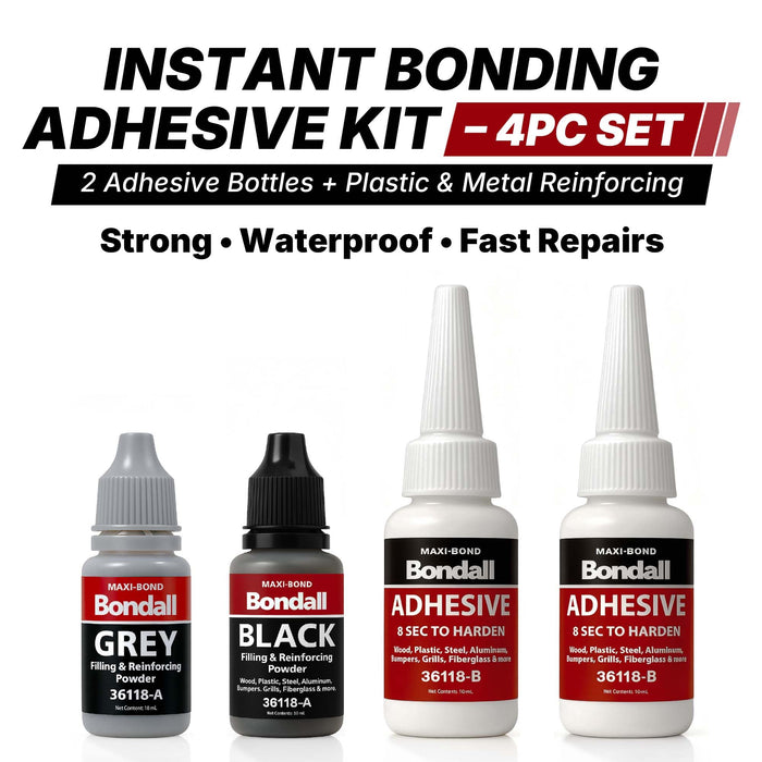 BONDALL Instant Bonding Adhesive Repair Kit, 4PC Set with (2) Super Glue Bottles, Plastic & Metal Reinforcing Powders (Black & Grey), Strong Waterproof Adhesive. (BONDALL - 1 Pack)