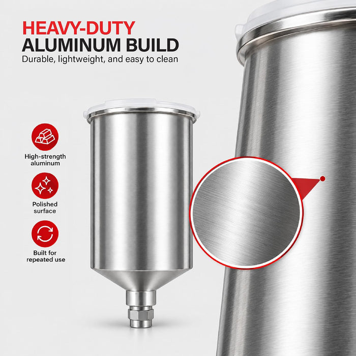 Aluminum Spray Gun Cup (1 Quart / 1000cc) | Heavy-Duty Gravity Feed Paint Pot with Snug Press-Fit Lid | Universal Fit for HVLP, LVLP, and Standard Spray Guns 9551